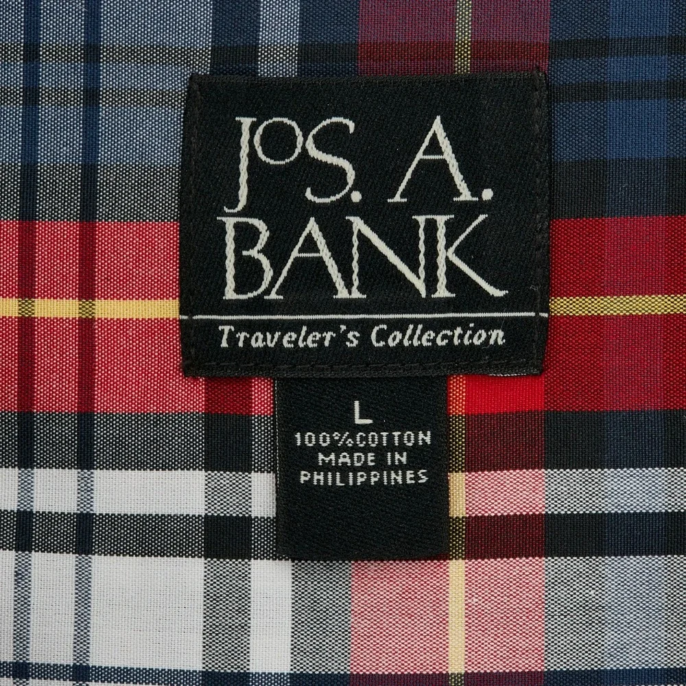 Jos. A. Bank Button Down Mens Large Red Plaid Traveler's Collection Cotton Shirt - Picture 2 of 12